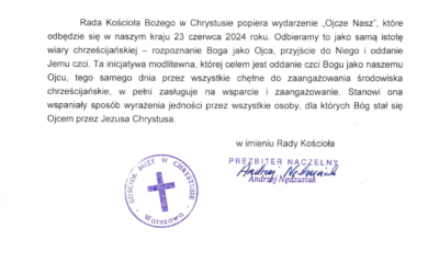 Kościół Boży w Chrystusie wspiera wydarzenie Ojcze Nasz